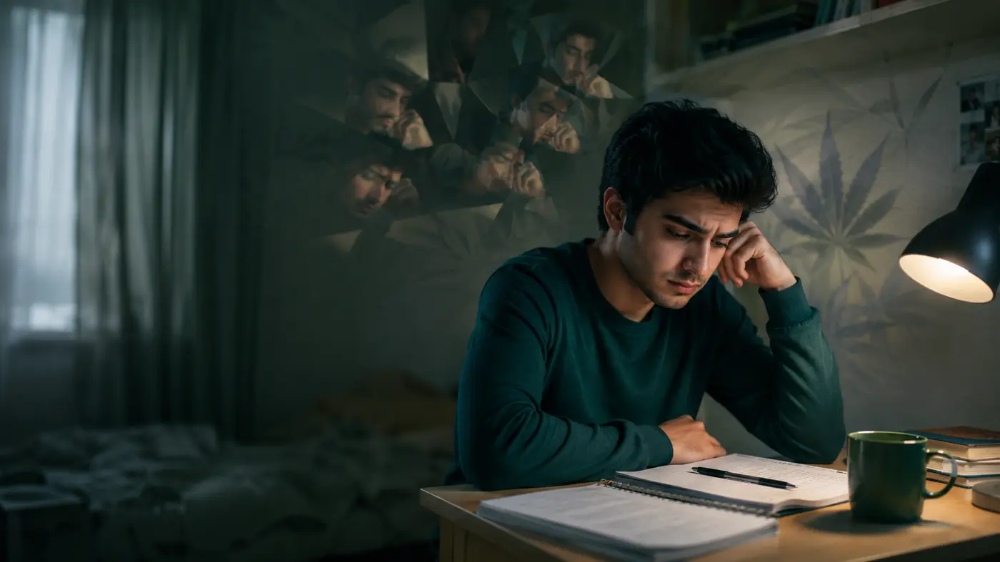 دانشجوی جوان ایرانی با تمرکز مختل و تصویر مفهومی اثر کانابیس بر حافظه